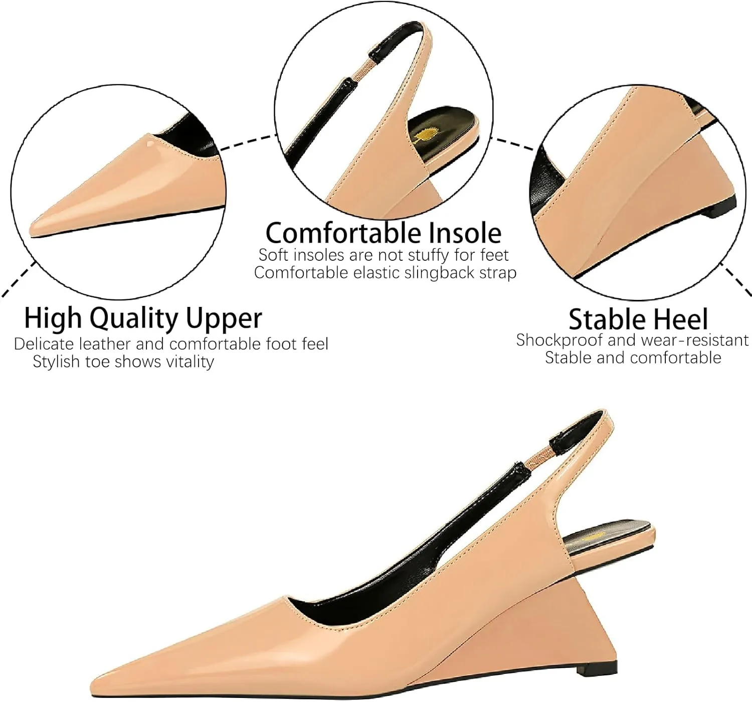 Women's Patent Leather Slingback Wedge Pumps Fashion Closed Pointed Toe Slip-on Elegant High Heels for Party Date Wedding Dressy Shoes