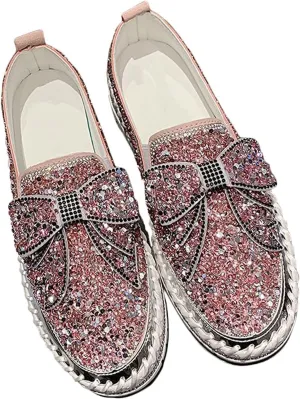 Women's Platform Casual Rhinestones Glitter Slip On Sneakers Cute Bowknot Shiny Handmade Non-Slip Comfort Dress Walking Flat Loafers