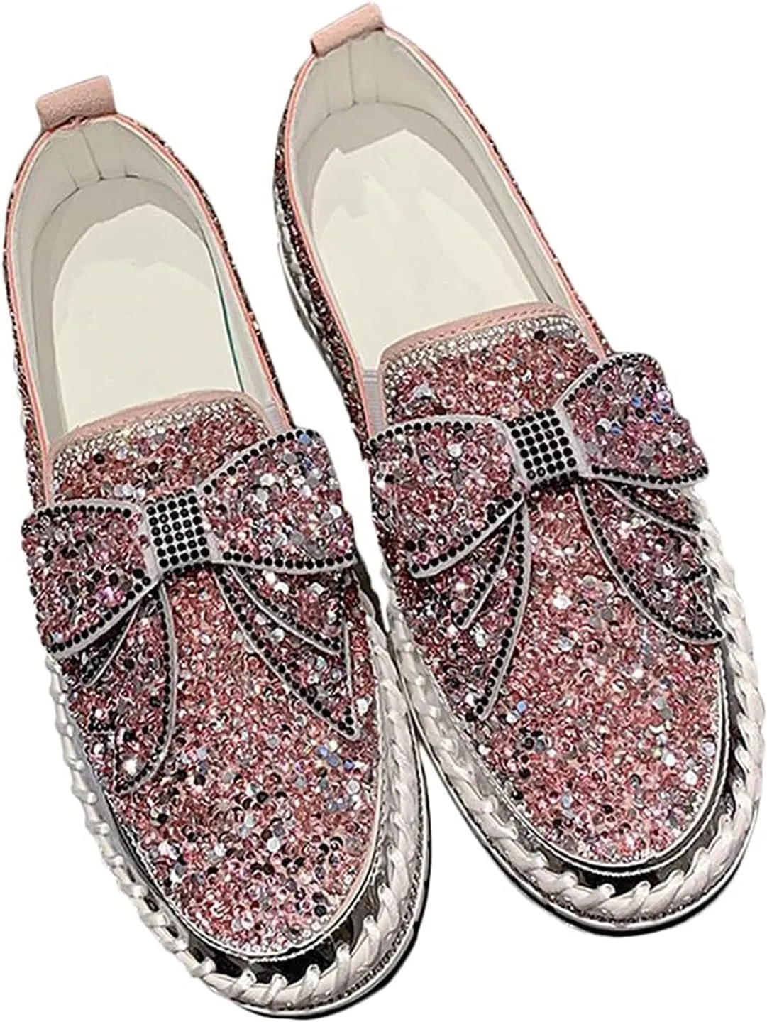 Women's Platform Casual Rhinestones Glitter Slip On Sneakers Cute Bowknot Shiny Handmade Non-Slip Comfort Dress Walking Flat Loafers