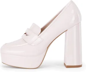 Womens Platform Heels Loafers Chunky High Heel Closed Toe Patent Leather Shoes Penny Loafer Business Dress Work Pumps
