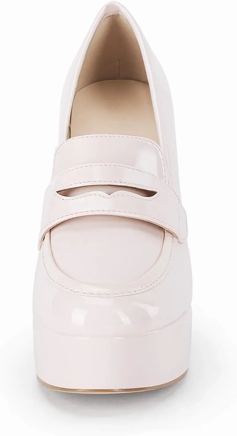 Womens Platform Heels Loafers Chunky High Heel Closed Toe Patent Leather Shoes Penny Loafer Business Dress Work Pumps