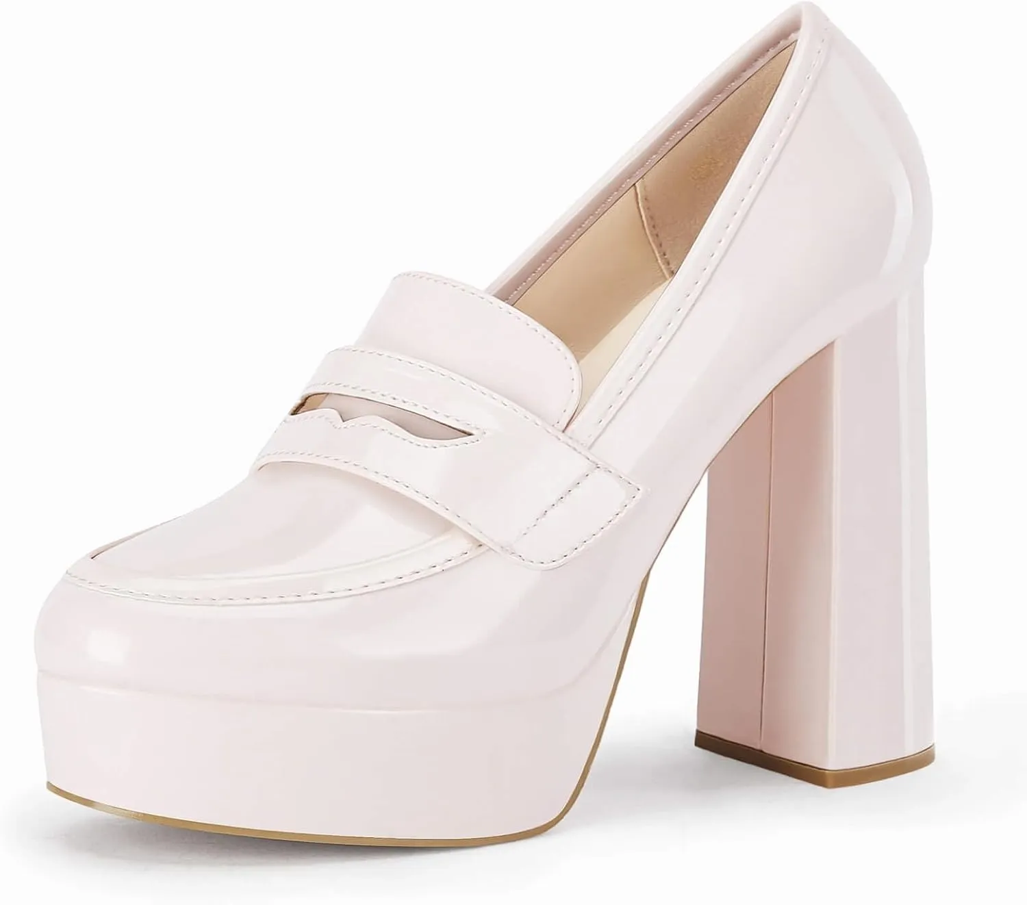 Womens Platform Heels Loafers Chunky High Heel Closed Toe Patent Leather Shoes Penny Loafer Business Dress Work Pumps
