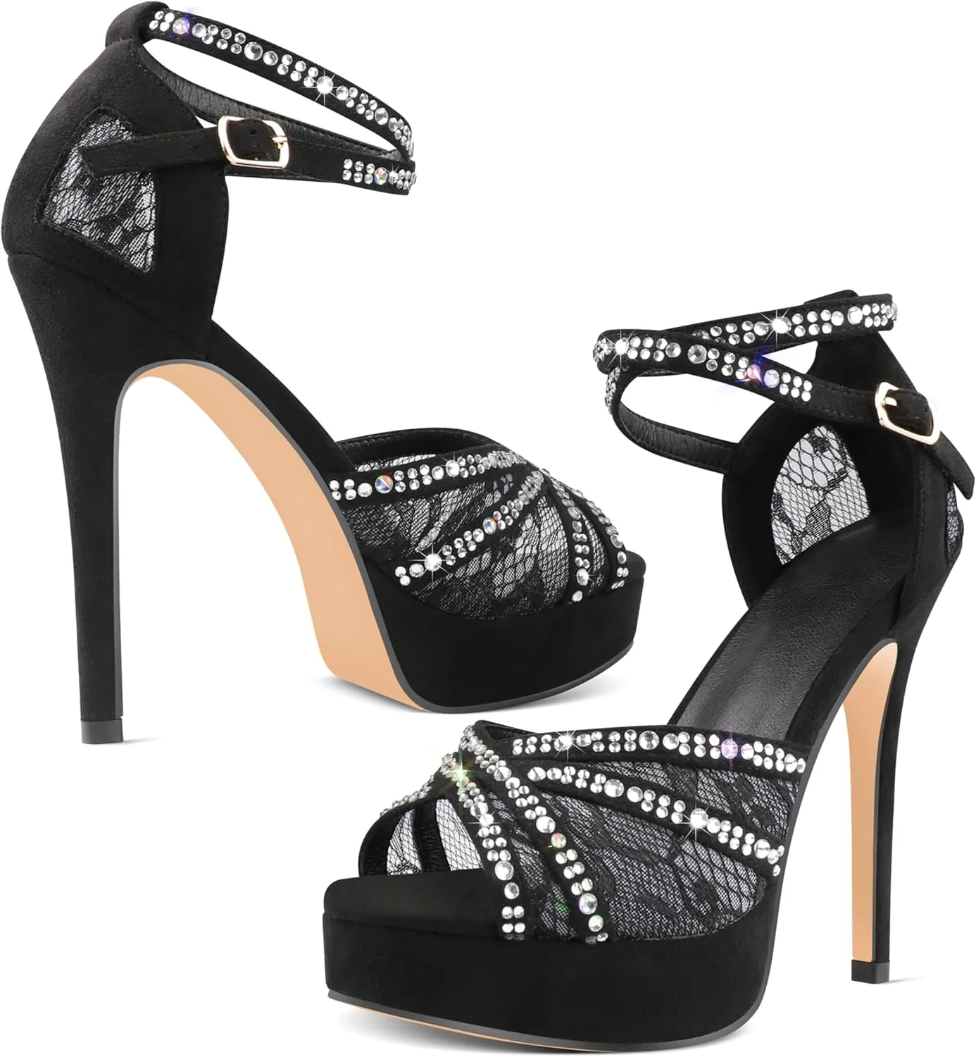 Women's Platform Heels Peep Toe Pumps Sexy Mesh Stilettos Sparkly Rhinestone High Heels Ankle Strap Shoes for Party Dance Prom