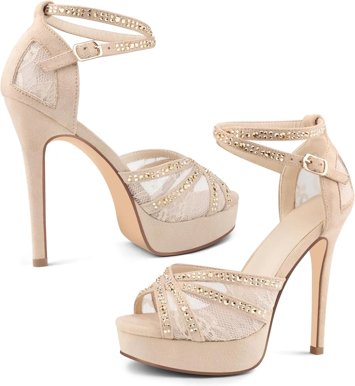 Women's Platform Heels Peep Toe Pumps Sexy Mesh Stilettos Sparkly Rhinestone High Heels Ankle Strap Shoes for Party Dance Prom