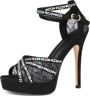 Women's Platform Heels Peep Toe Pumps Sexy Mesh Stilettos Sparkly Rhinestone High Heels Ankle Strap Shoes for Party Dance Prom