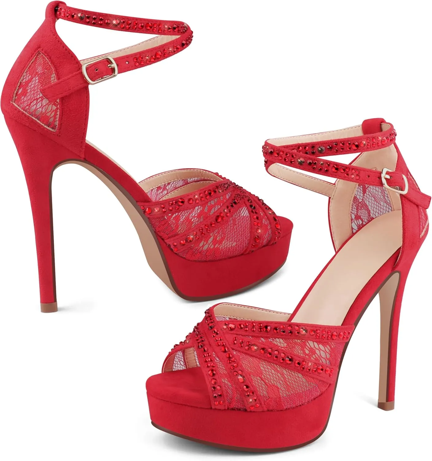 Women's Platform Heels Peep Toe Pumps Sexy Mesh Stilettos Sparkly Rhinestone High Heels Ankle Strap Shoes for Party Dance Prom