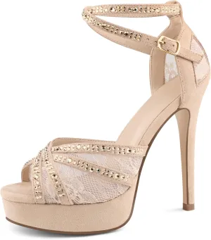 Women's Platform Heels Peep Toe Pumps Sexy Mesh Stilettos Sparkly Rhinestone High Heels Ankle Strap Shoes for Party Dance Prom