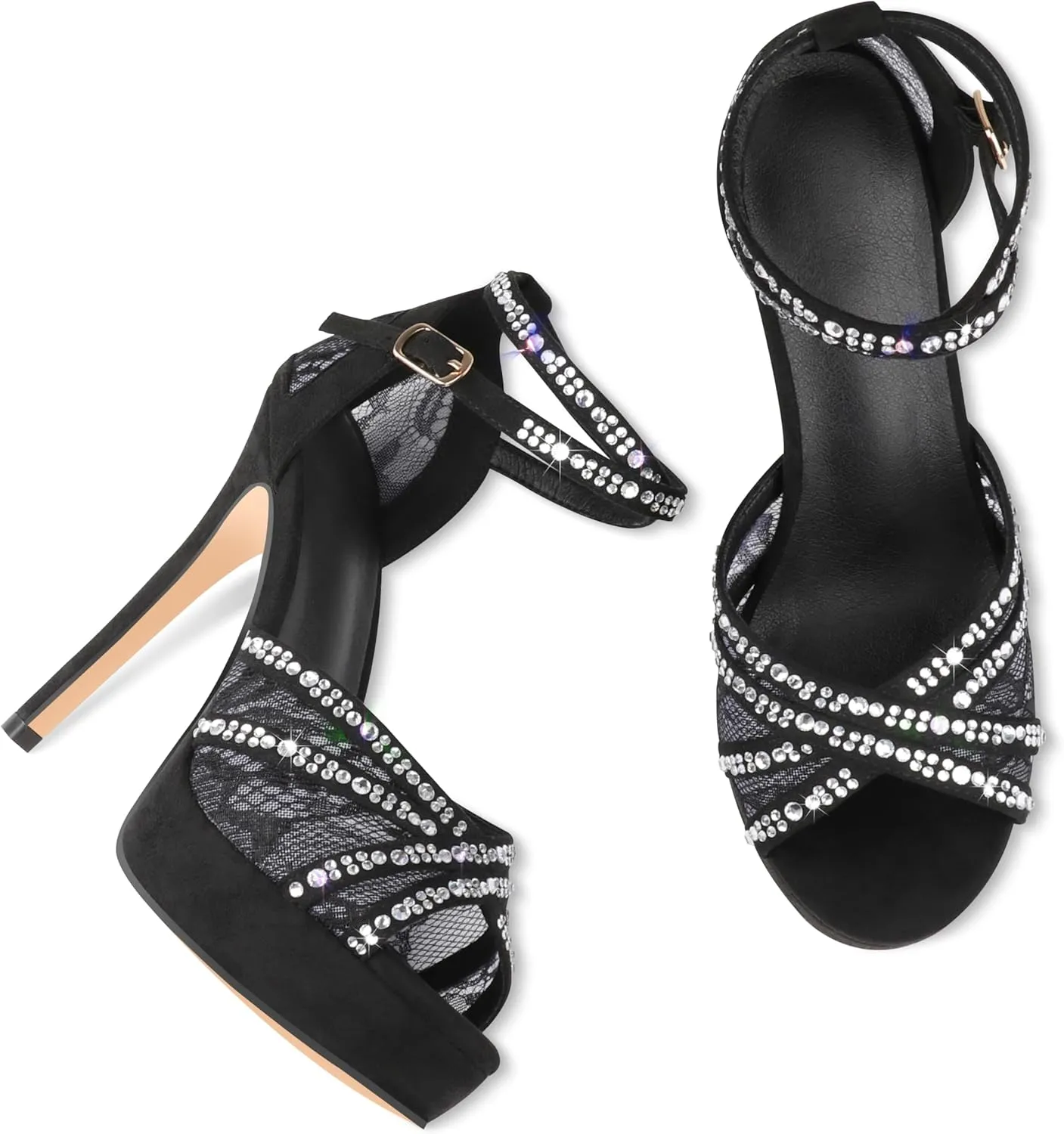 Women's Platform Heels Peep Toe Pumps Sexy Mesh Stilettos Sparkly Rhinestone High Heels Ankle Strap Shoes for Party Dance Prom