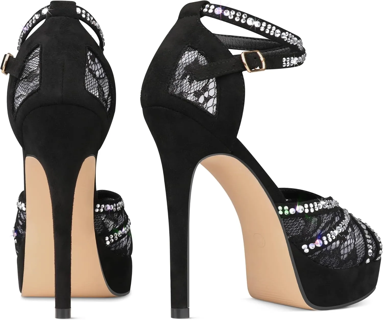 Women's Platform Heels Peep Toe Pumps Sexy Mesh Stilettos Sparkly Rhinestone High Heels Ankle Strap Shoes for Party Dance Prom