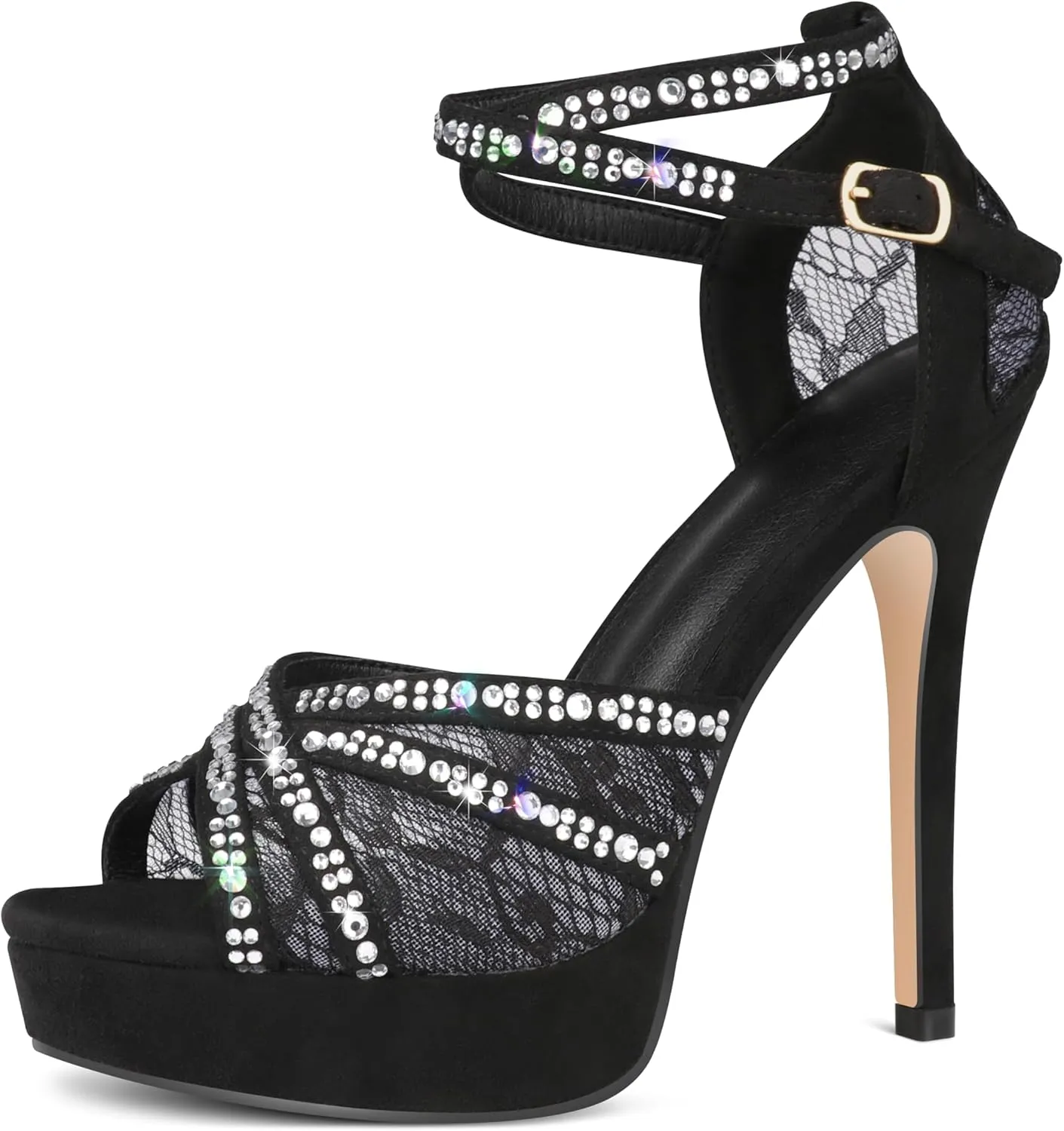 Women's Platform Heels Peep Toe Pumps Sexy Mesh Stilettos Sparkly Rhinestone High Heels Ankle Strap Shoes for Party Dance Prom