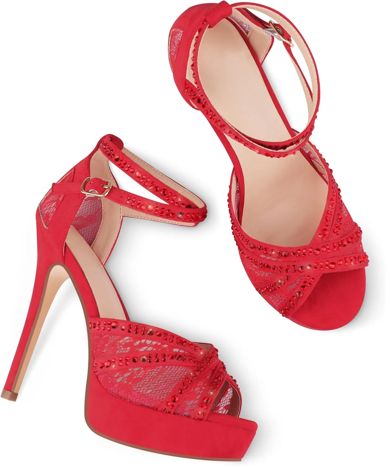 Women's Platform Heels Peep Toe Pumps Sexy Mesh Stilettos Sparkly Rhinestone High Heels Ankle Strap Shoes for Party Dance Prom