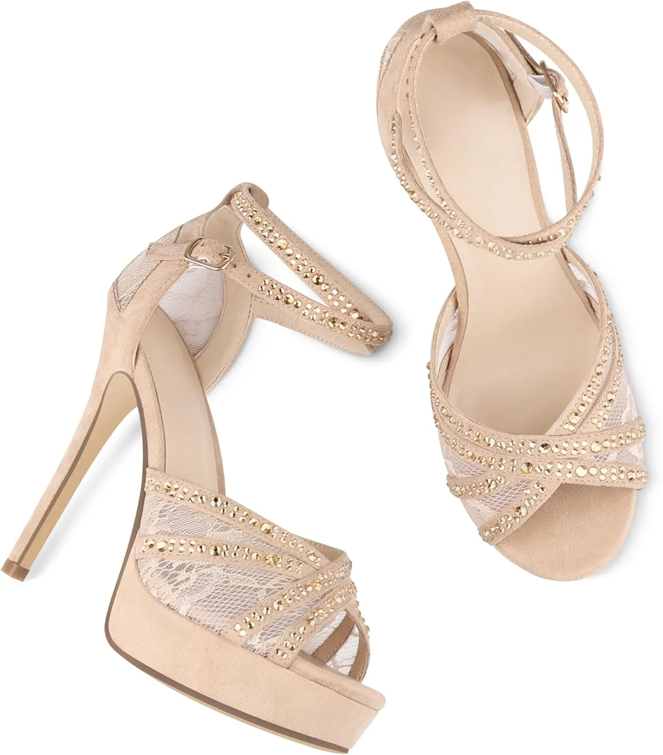 Women's Platform Heels Peep Toe Pumps Sexy Mesh Stilettos Sparkly Rhinestone High Heels Ankle Strap Shoes for Party Dance Prom