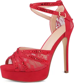 Women's Platform Heels Peep Toe Pumps Sexy Mesh Stilettos Sparkly Rhinestone High Heels Ankle Strap Shoes for Party Dance Prom