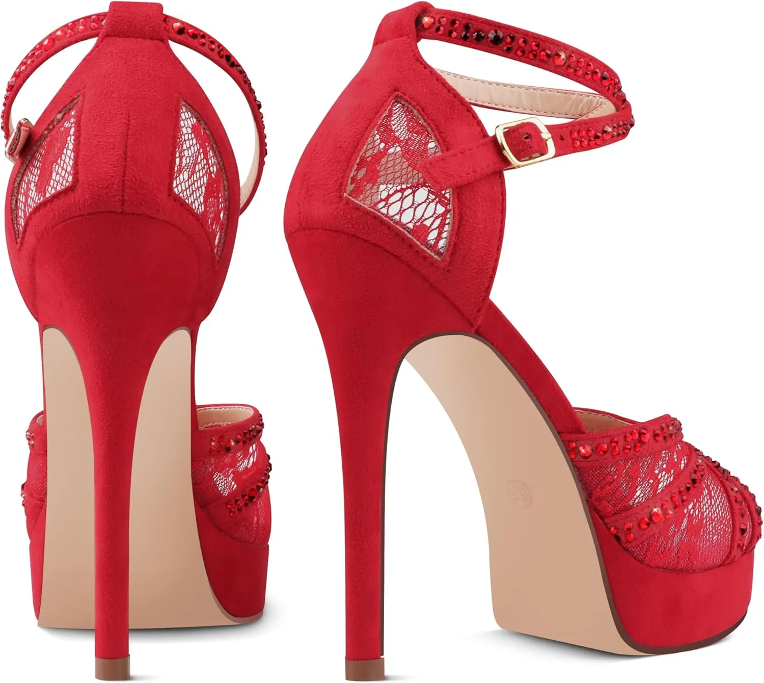 Women's Platform Heels Peep Toe Pumps Sexy Mesh Stilettos Sparkly Rhinestone High Heels Ankle Strap Shoes for Party Dance Prom