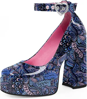 Women's Platform High Block Heel Pumps Ankle Strap Heart Buckle Square Toe Patent Leather Party Prom Dress Shoes