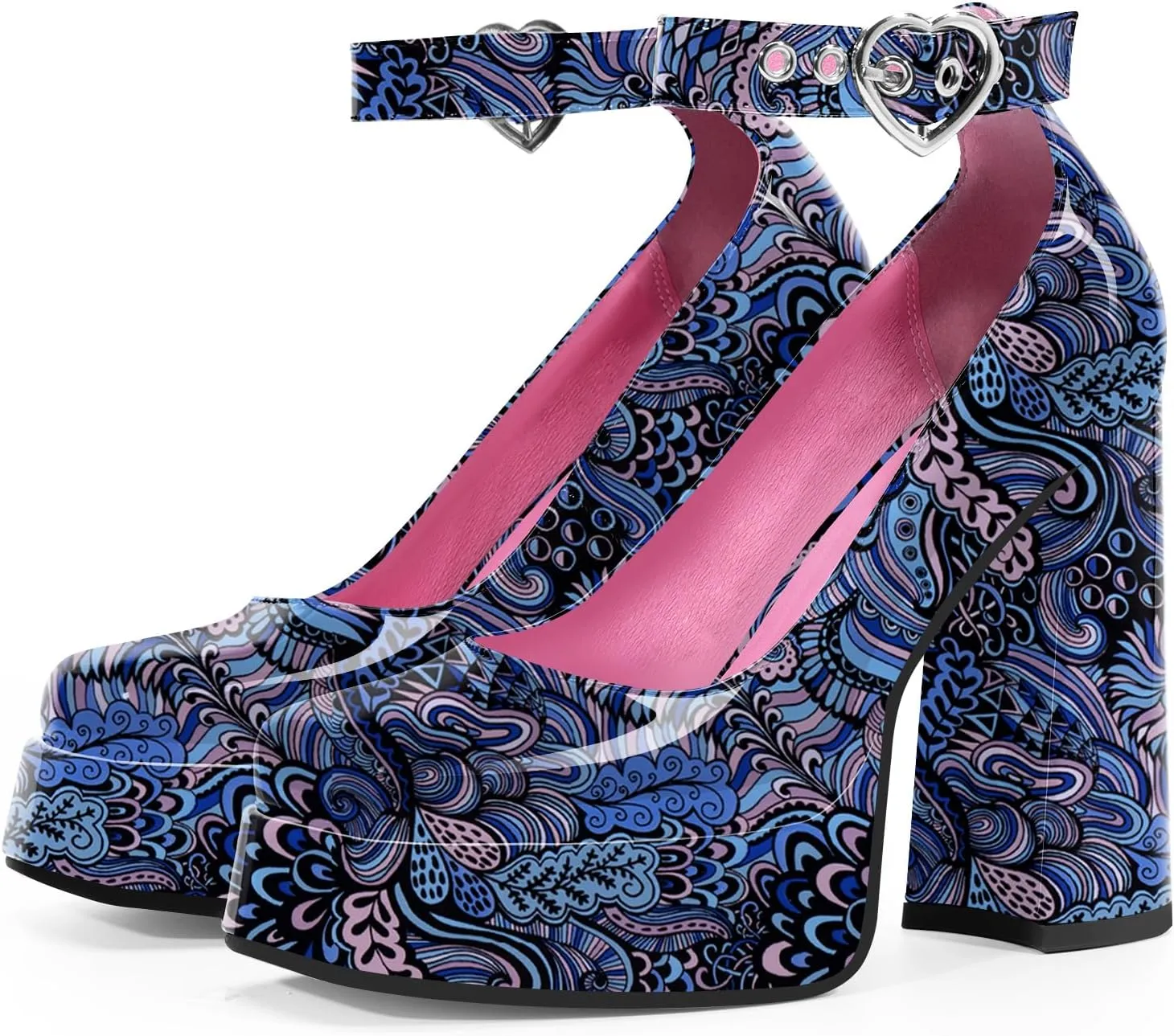 Women's Platform High Block Heel Pumps Ankle Strap Heart Buckle Square Toe Patent Leather Party Prom Dress Shoes