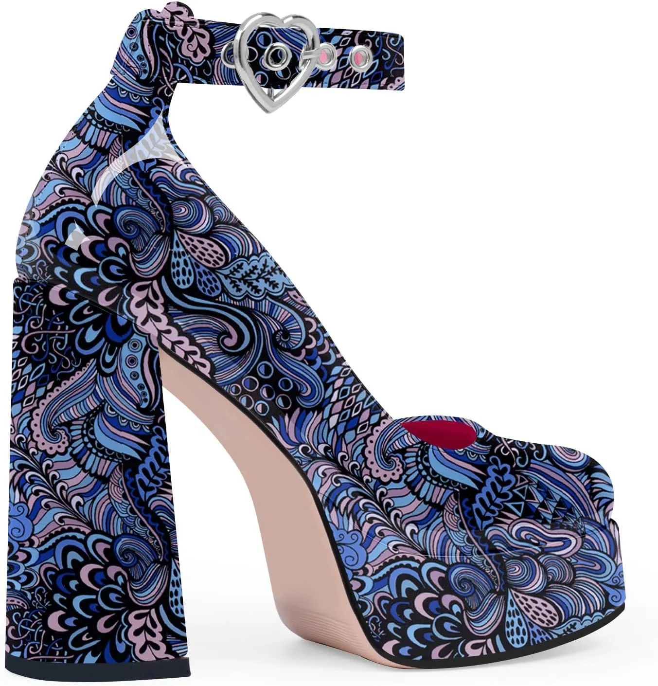 Women's Platform High Block Heel Pumps Ankle Strap Heart Buckle Square Toe Patent Leather Party Prom Dress Shoes