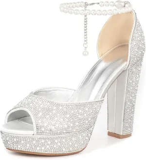 Women's Platform High Heel Sandals Chunky Block Pump Sparkly Pearl Rhinestone Peep Toe Ankle Strap Wedding Bride Dress Shoes