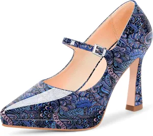 Women's Platform Mary Jane Pumps Pointed Toe Buckle Strap Stiletto High Heel Dress Shoes
