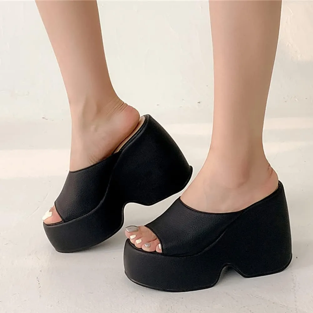Women's Platform Mules with High Heel Slip On Round Toe Wedge Heel Sandals