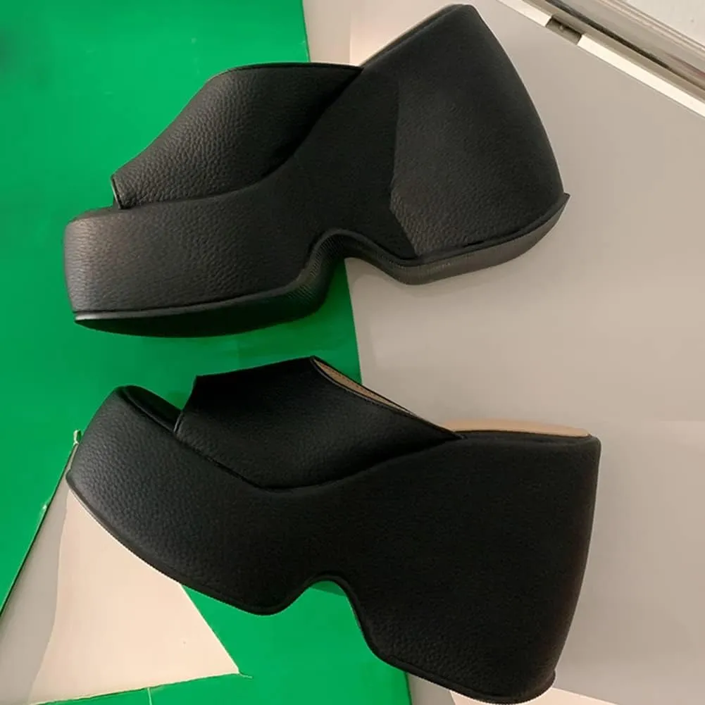 Women's Platform Mules with High Heel Slip On Round Toe Wedge Heel Sandals