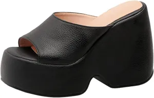 Women's Platform Mules with High Heel Slip On Round Toe Wedge Heel Sandals