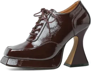 Women's Platform Pumps Patent Leather Chunky Heels Square Toe High Heel Booties Platform Boots for Women Dress Shoes