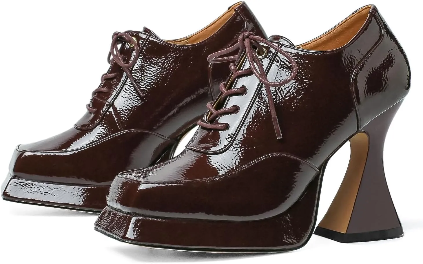 Women's Platform Pumps Patent Leather Chunky Heels Square Toe High Heel Booties Platform Boots for Women Dress Shoes