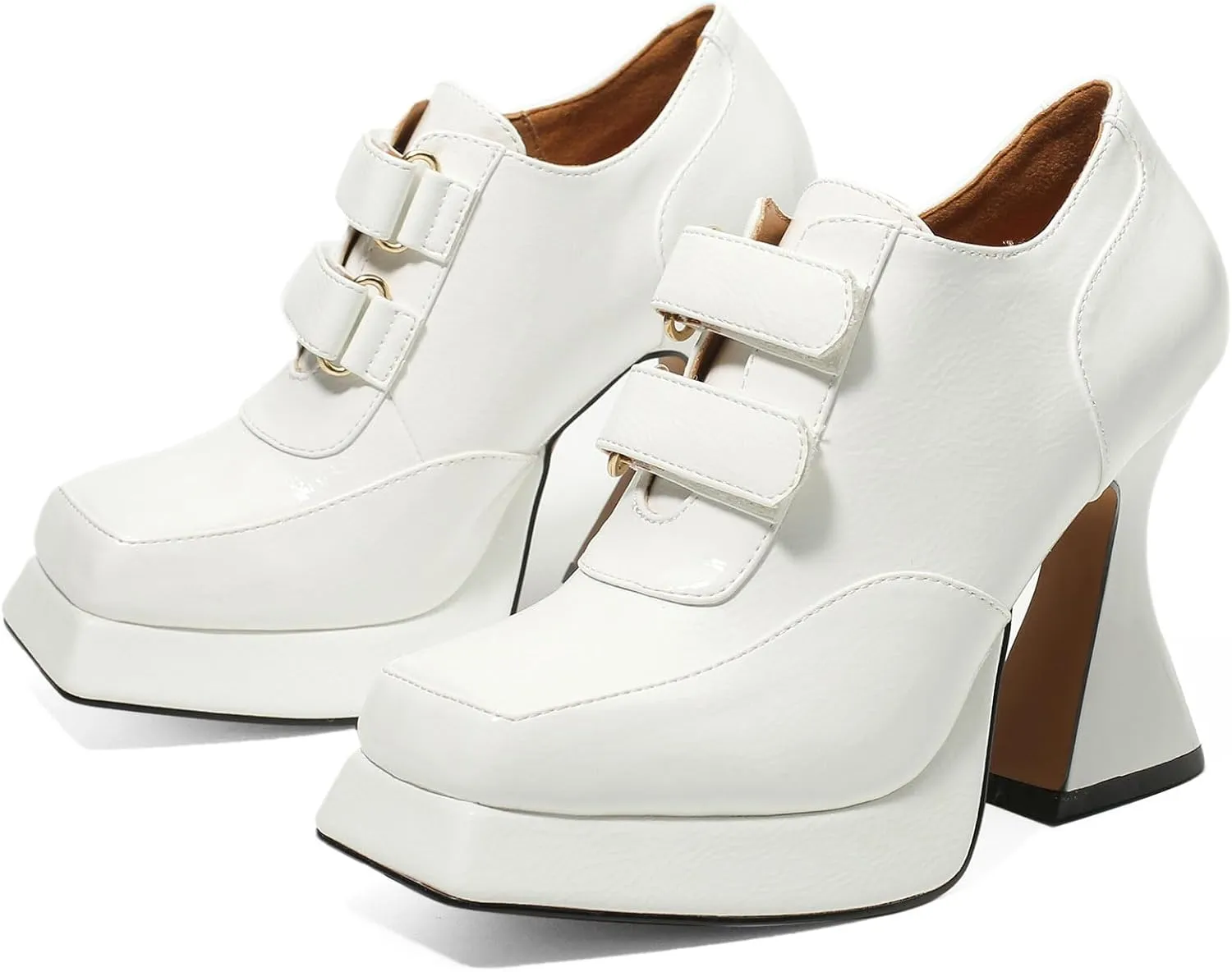 Women's Platform Pumps Patent Leather Chunky Heels Square Toe High Heel Booties Platform Boots for Women Dress Shoes