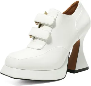Women's Platform Pumps Patent Leather Chunky Heels Square Toe High Heel Booties Platform Boots for Women Dress Shoes