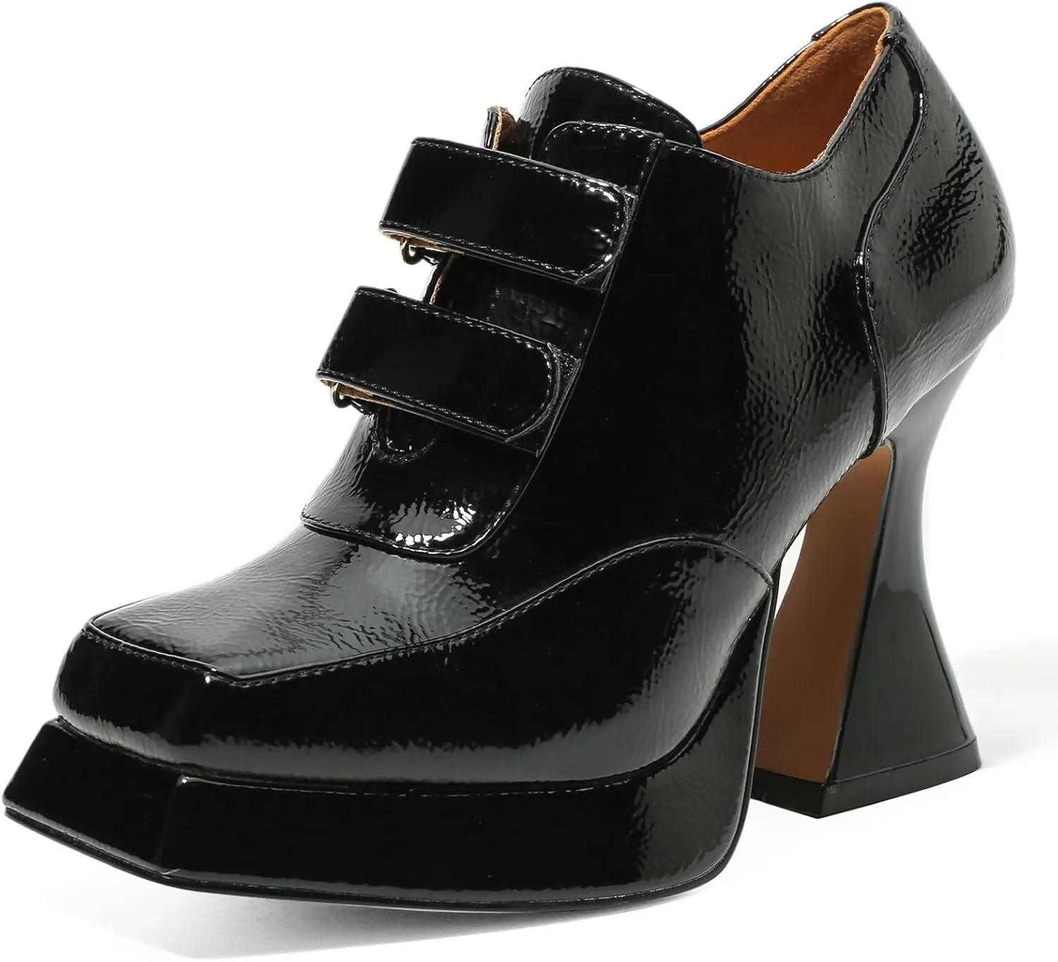 Women's Platform Pumps | Patent Leather Chunky Heels | Square Toe High Heel Booties | Platform Boots for Women Dress Shoes（ARM03 Black 8）
