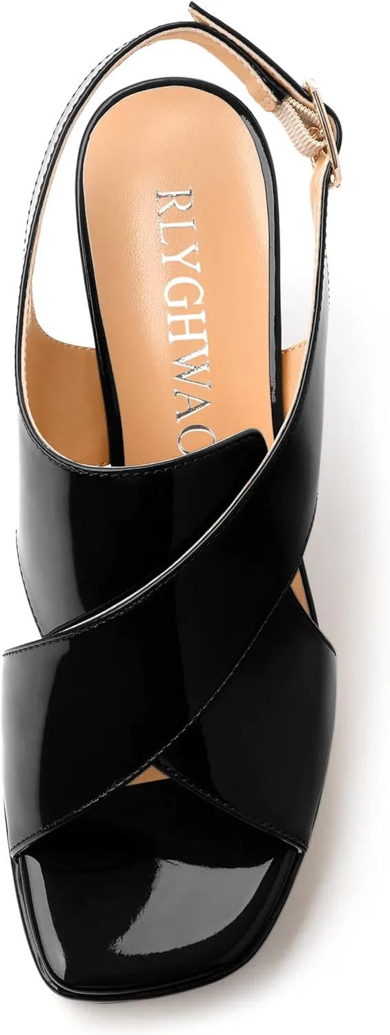 Women's Platform Sandals, Slingback Open Toe Buckle Heels for Women, Fashion Solid Patent High Heel Shoes 3.35 inch