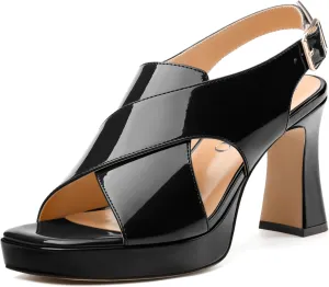 Women's Platform Sandals, Slingback Open Toe Buckle Heels for Women, Fashion Solid Patent High Heel Shoes 3.35 inch