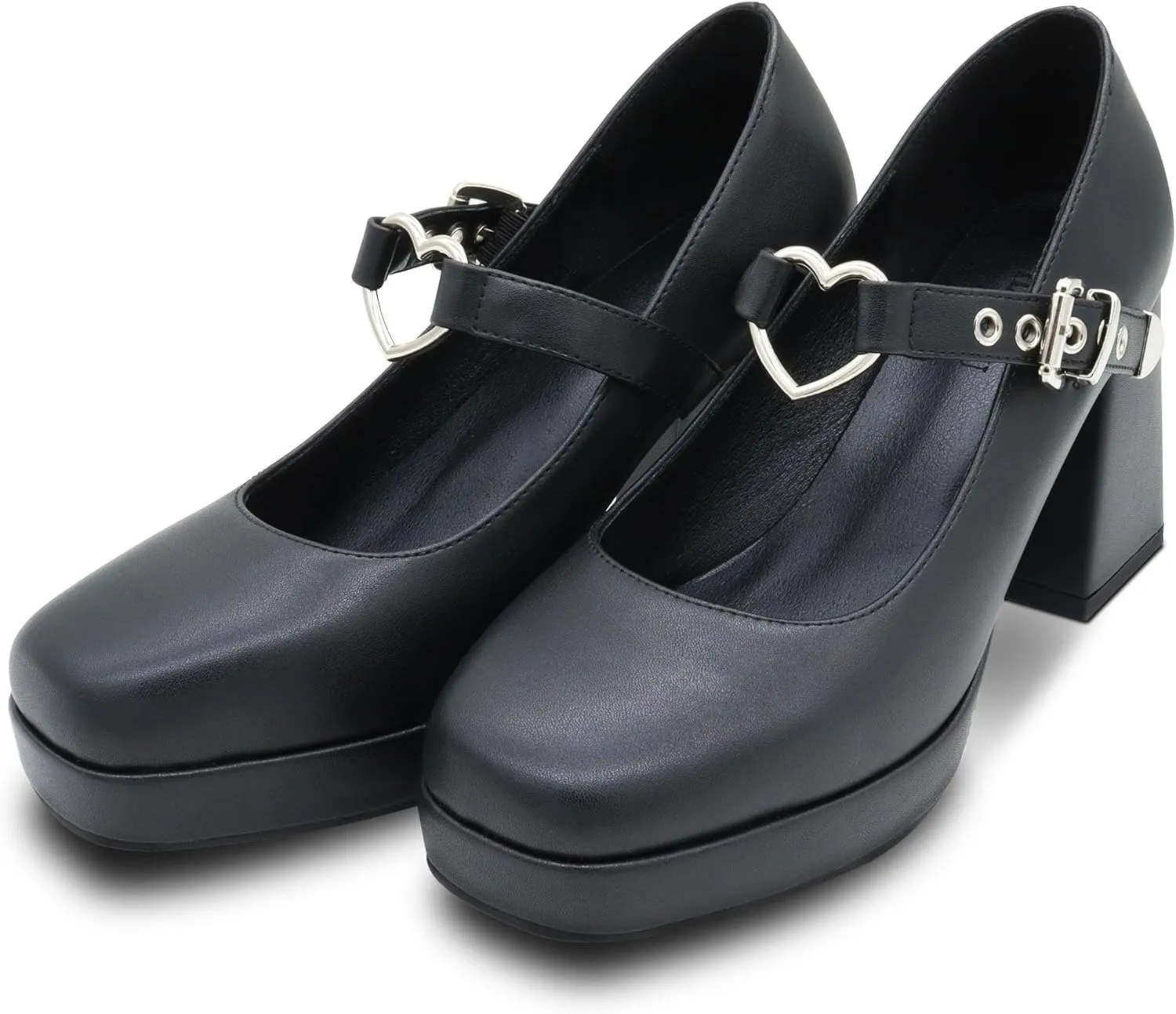 Women's Platform Square Toe Heart Buckle Strap Mary Janes Goth Heels Shoes
