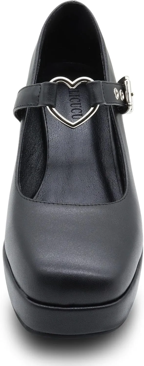 Women's Platform Square Toe Heart Buckle Strap Mary Janes Goth Heels Shoes