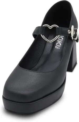 Women's Platform Square Toe Heart Buckle Strap Mary Janes Goth Heels Shoes