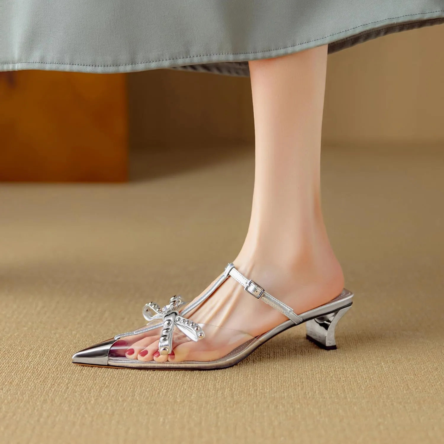Women's Pointed Open Toe Slip-On Stiletto Heeled Sandals Elegant Bowknot High Heels