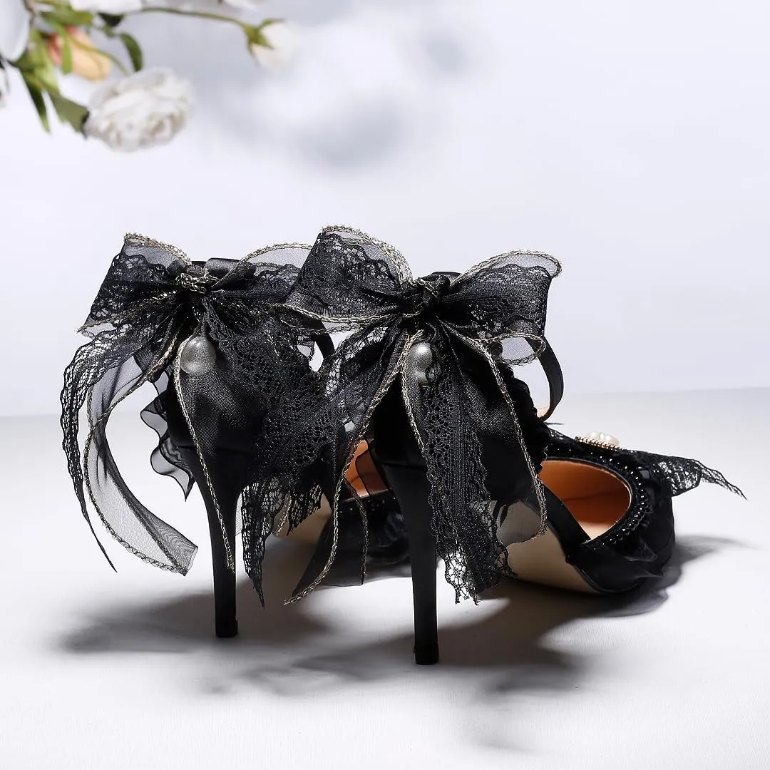 Women's Pointed Toe Ankle Strap Heels, Black Lace Bow Detail, Kitten Heel Dress Pumps