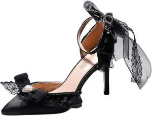 Women's Pointed Toe Ankle Strap Heels, Black Lace Bow Detail, Kitten Heel Dress Pumps