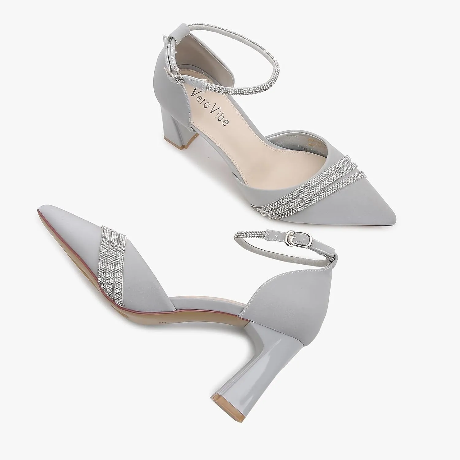 Women's Pointed Toe Block Heel, Ankle Strap Dress Pump with Crystal Band Detail