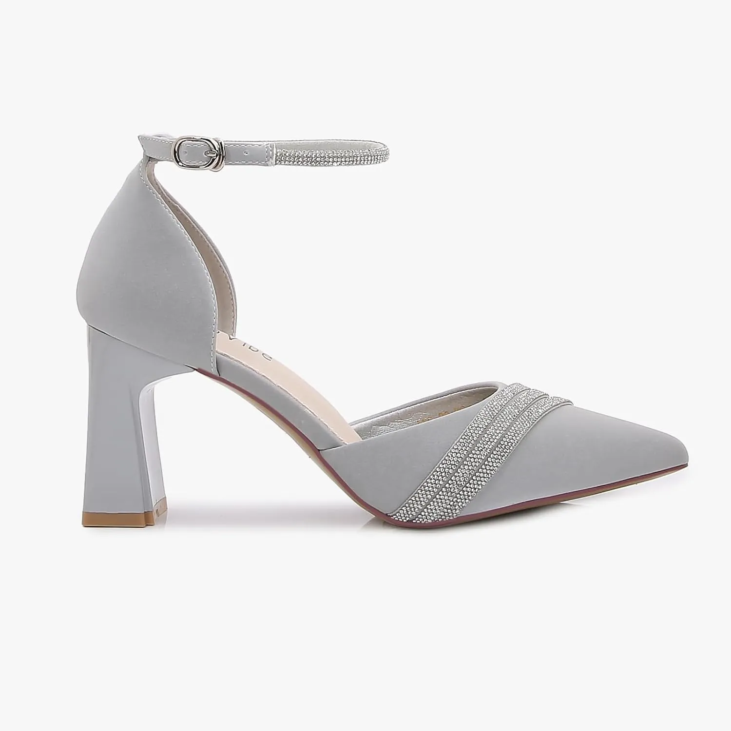 Women's Pointed Toe Block Heel, Ankle Strap Dress Pump with Crystal Band Detail