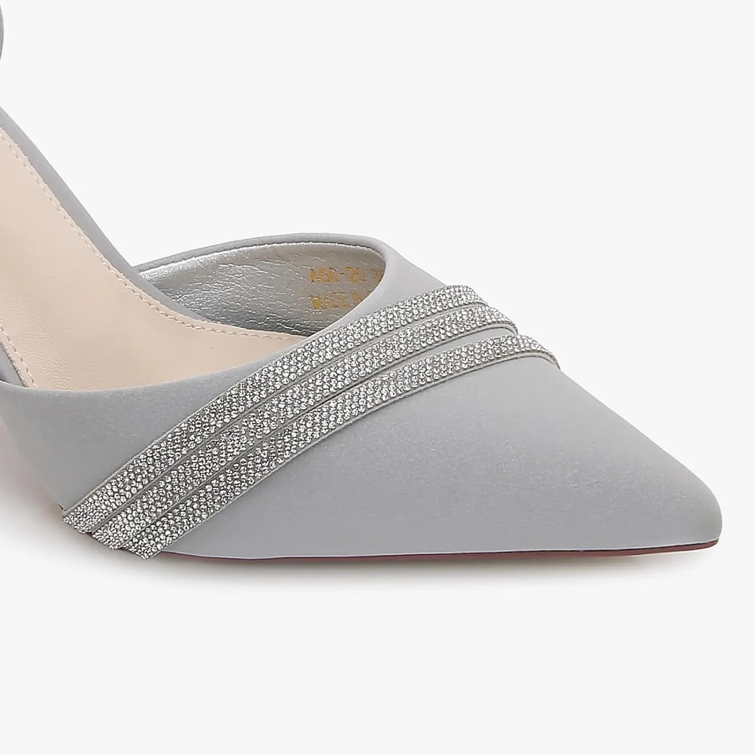 Women's Pointed Toe Block Heel, Ankle Strap Dress Pump with Crystal Band Detail