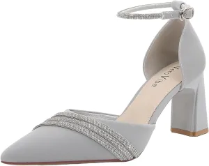 Women's Pointed Toe Block Heel, Ankle Strap Dress Pump with Crystal Band Detail