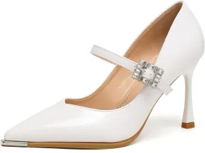 Women's Pointed Toe Stiletto Heels with Crystal Buckle and Strap Dress Pumps