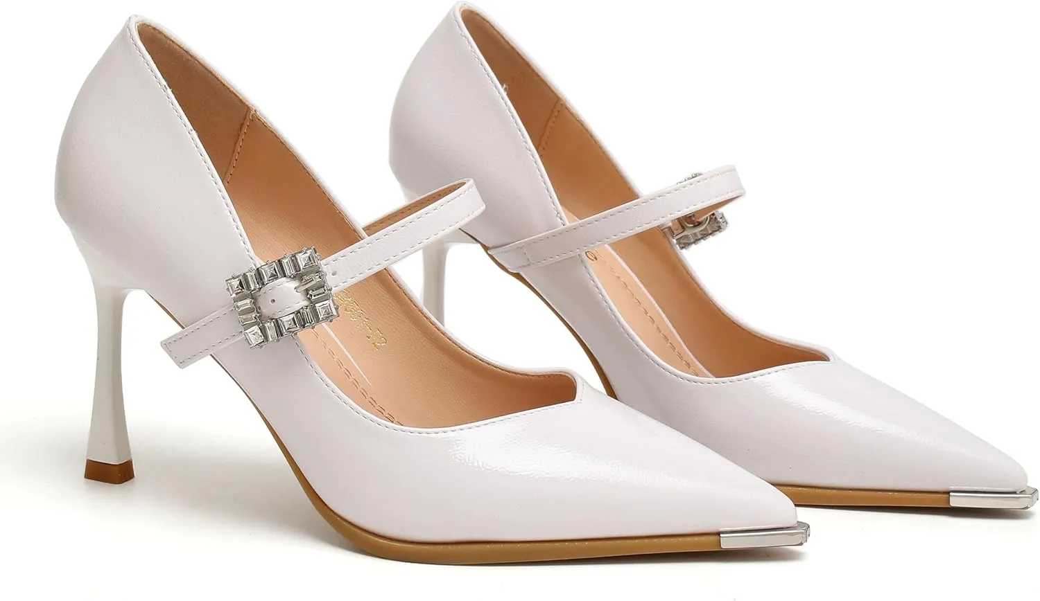 Women's Pointed Toe Stiletto Heels with Crystal Buckle and Strap Dress Pumps