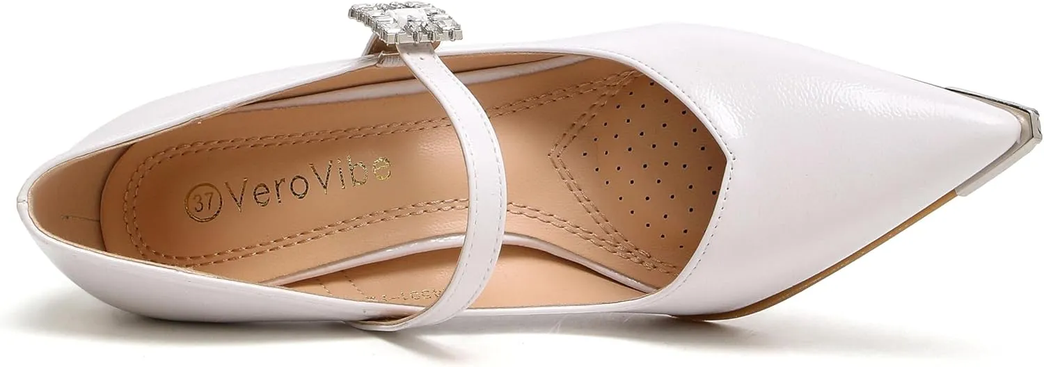Women's Pointed Toe Stiletto Heels with Crystal Buckle and Strap Dress Pumps
