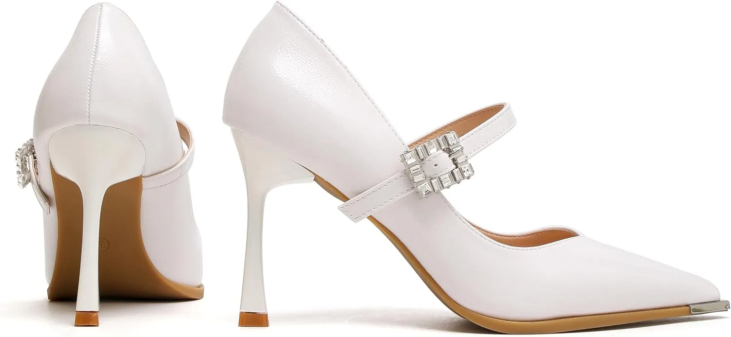 Women's Pointed Toe Stiletto Heels with Crystal Buckle and Strap Dress Pumps