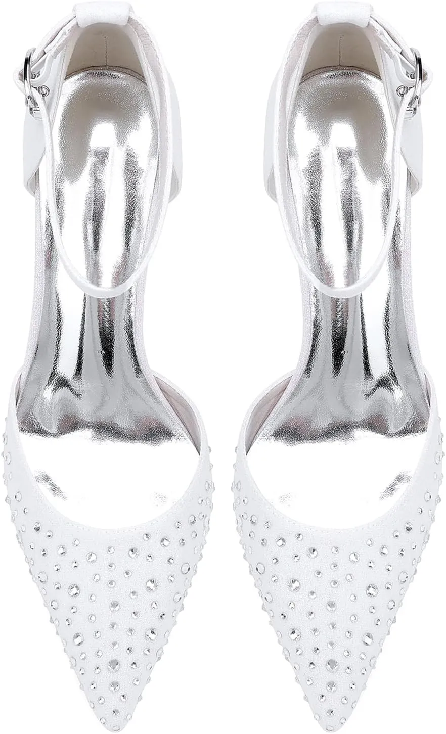 Women's Pointed Toe Wedding Shoes Block Heels Crystal Bridal Sandals Closed Toe Prom Party Dress Pumps with Buckle