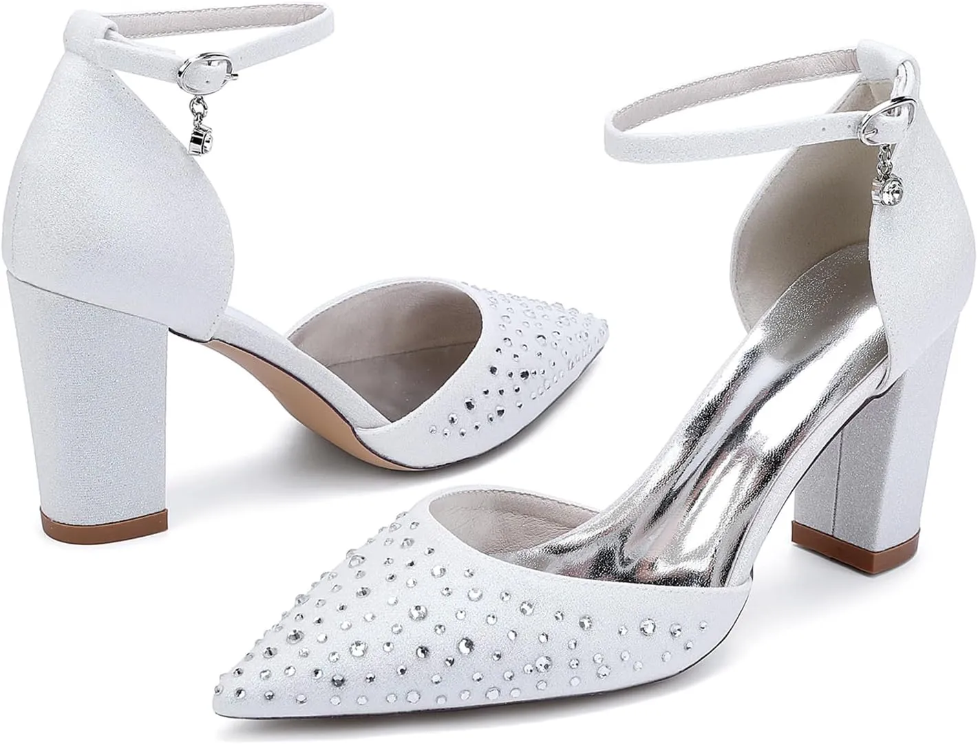 Women's Pointed Toe Wedding Shoes Block Heels Crystal Bridal Sandals Closed Toe Prom Party Dress Pumps with Buckle