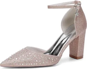 Women's Pointed Toe Wedding Shoes Block Heels Crystal Bridal Sandals Closed Toe Prom Party Dress Pumps with Buckle